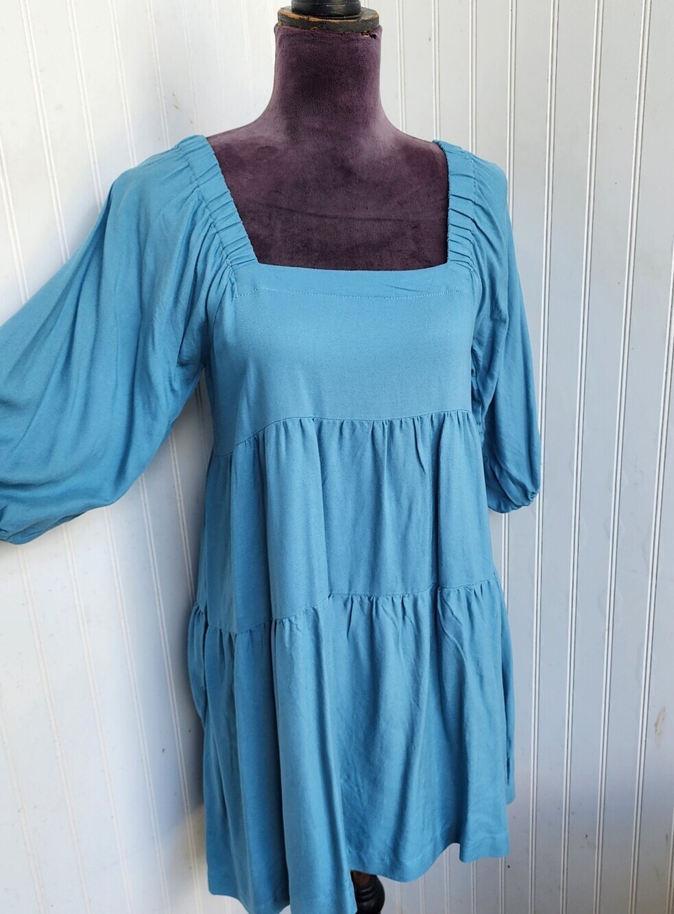 Hunter & Brown Tiered Blue BabyDoll Mini Dress 3/4 Sleeve Rayon Size S